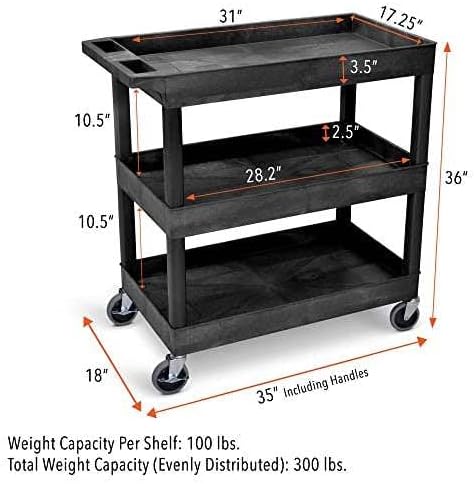 Tubstr 3-Tier Rolling Utility Cart 2-Pack | Each Supports up to 300 lbs. Heavy-Duty Shelf Cart for Garage Storage, Office Spaces, & Kitchen Use | Durable Tool Cart with Locking Wheels (Black, 32 x 18)
