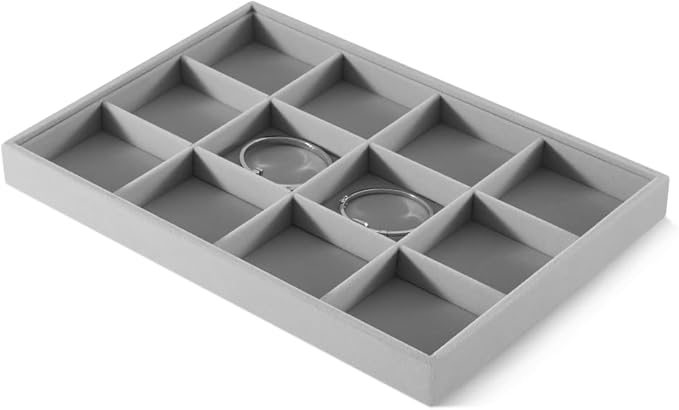 Velvet Stackable Jewelry Display Tray, 12 Grid Watch Bangle Bracelet Storage Tray, Makeup Drawer Insert Jewelry Shop Organizer Plate (Gray)
