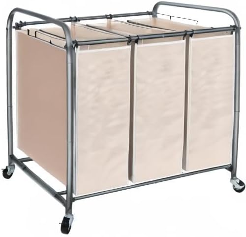 STO STO Laundry Sorter 3 Section, 3 Bag Laundry Hamper, Rolling Laundry Cart, Laundry Basket with Heavy Duty Lockable Wheels and Removable Bag for Clothes Storage, Beige