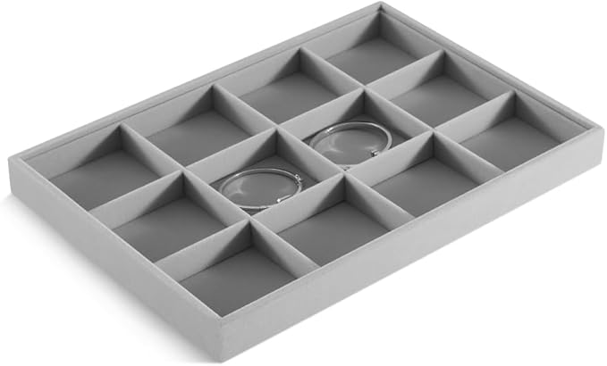 Velvet Stackable Jewelry Display Tray, 12 Grid Watch Bangle Bracelet Storage Tray, Makeup Drawer Insert Jewelry Shop Organizer Plate (Gray)