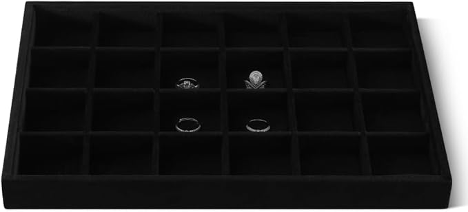 Velvet Stackable Jewelry Display Tray, 24 Grid Earring Ring Storage Tray, Drawer Divider Jewelry Accessories Organizer Plate (Black)