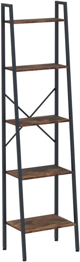 Hoctieon Industrial Ladder Bookshelf, Multifunctional Ladder Shelf, 5-Tier Tall Bookshelf, Open Ladder Shelf Bookcase, for Living Room, Home Office, Kitchen, Bedroom, Metal Frame, Rustic Brown