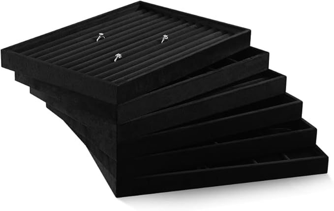 Velvet Jewelry Display Tray For Bracelet Pendant Necklace, Multi-Slot Stackable Storage Tray For Long Chain Jewelries, Drawer Insert Jewelry Organizer (Black)