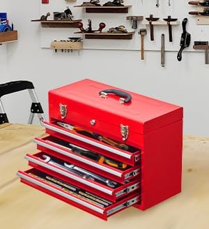 Metal Tool Box with 4 Drawers Portable Steel Tool Chest with Metal Cylinder Lock and Latch Closure, Liner, Red Powder Coating, Suitable for Garage, Warehouse and Outdoor Repair Job-Red
