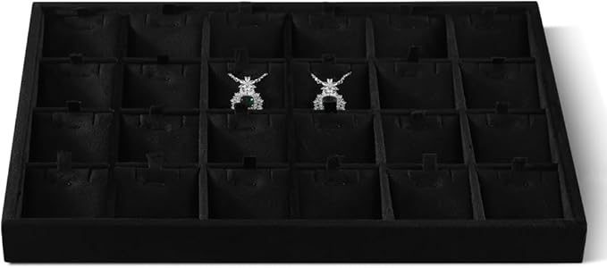 Velvet Necklace Display Tray, Stackable 24 Grid Insert Pendant Necklaces Storage Holder Plate, Jewelry Retail Countertop Organizer (Black)