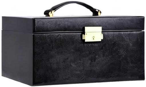 Time Resistance Jewelry Box - Full Grain Leather Jewellery Organizer - Accessories Storage Key Lock - Jewellery Box (Black)