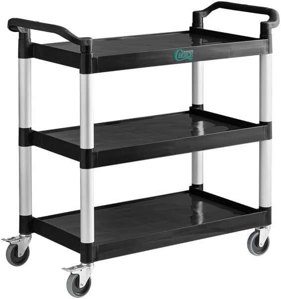 Black Plastic Utility Cart with 3 Shelves, 42 x 20 x 38 Inches, 450 lb Capacity, Swivel Casters, for Restaurant Bussing