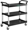 Black Plastic Utility Cart with 3 Shelves, 42 x 20 x 38 Inches, 450 lb Capacity, Swivel Casters, for Restaurant Bussing