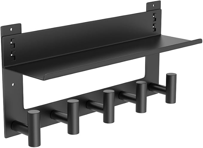 VAEHOLD Wall-mounted Coat Rack with Shelf Wall Hooks with Upper and Lower Double Storage Entryway Shelf with 5 Stainless Steel Hooks to Hang Clothes Towels Bathrobe Purse(Black)