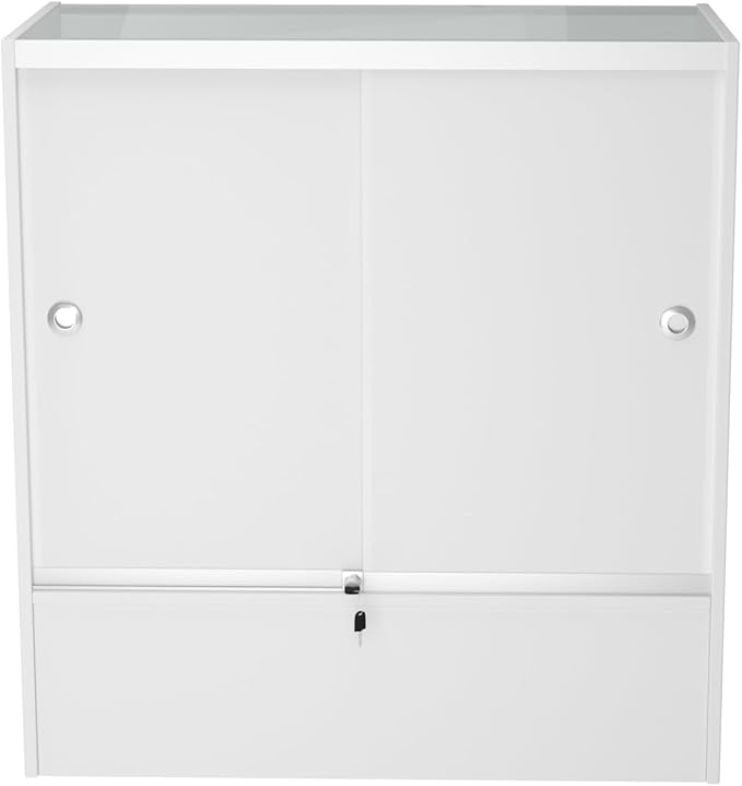 WISDOMFUR 48” Display Showcase with LED Lighting – White Melamine Finish, Adjustable Glass Shelf, Locking Sliding Doors – 4ft Retail Display Cabinet for Stores & Exhibits