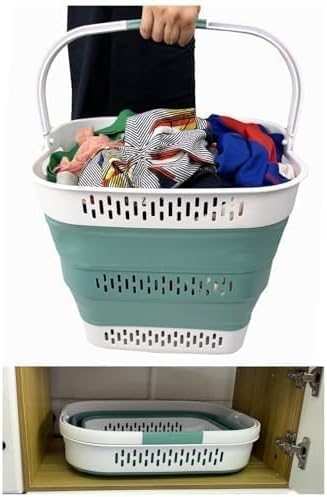 SAMMART 40L (10.5 Gallon) Collapsible Plastic Laundry Basket with Handles - Foldable Pop Up Storage Container/Organizer - Portable Laundry Hamper - Space Saving (2, White/Celadon Green)