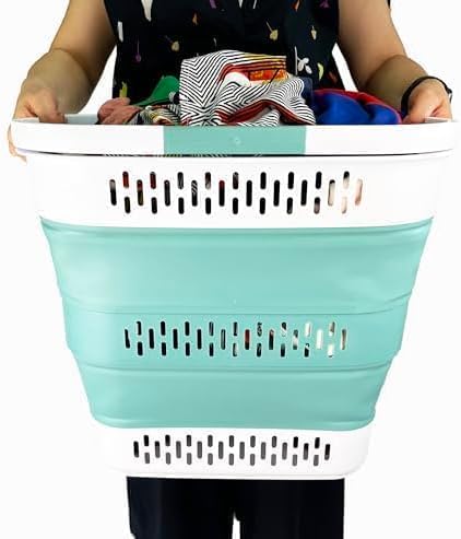 SAMMART 40L (10.5 Gallon) Collapsible Plastic Laundry Basket with Handles - Foldable Pop Up Storage Container/Organizer - Portable Laundry Hamper - Space Saving (2, White/Celadon Green)