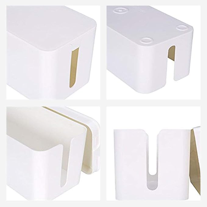 Cable Management Box Organizer, Pack of 2 Wire Concealer to Cover Hide Surge Protector & Power Strip on Desk Floor, with 5 Cord Fastening Tapes for Office, Home, Kitchen (Ice White)