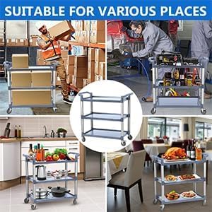 3-Tier Plastic Service Utility Cart with Wheels, Heavy Duty 3-Shelf Rolling Utility/Push Cart for Foodservice/Commercial/Restaurant/Office/Kitchen/Hotel, Grey