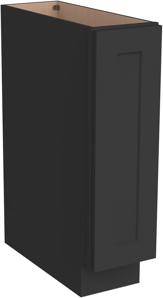 Solid Wood RTA Tray Base Cabinet with Full Height Door & Adjustable Shelf – Shaker Style Kitchen Storage Organizer, Durable Plywood Construction, Easy Assembly 9”W x 24”D x 34.5”H (Charcoal Black)