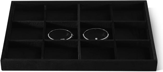 Velvet Stackable Jewelry Display Tray, 12 Grid Watch Bangle Bracelet Storage Tray, Makeup Drawer Insert Jewelry Shop Organizer Plate (Black)