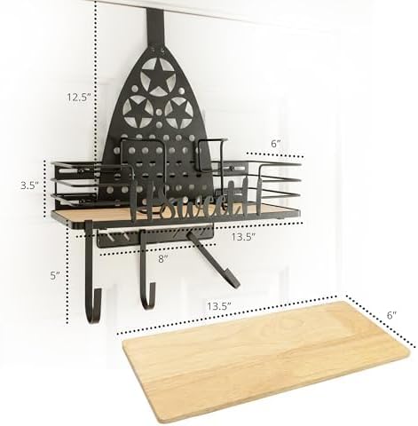 Farmhouse Ironing Board Hanger Wall Mount or Over the Door - Universal Laundry Room Ironing Board Holder Caddy with Iron Holder Shelf-Adjustable Hooks to Hold Ironing Boards Large & Small - Black