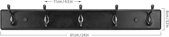 Wooden Coat Rack, Wall-Mounted Organizer for Closet, Entryway, Hallway, Foyer, Bedroom, Heavy Duty Double Hooks for Hanging Towels, Bags, Hats, Jackets, Key (Black, 5 Hooks)