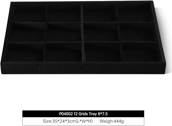 Velvet Stackable Jewelry Display Tray, 12 Grid Watch Bangle Bracelet Storage Tray, Makeup Drawer Insert Jewelry Shop Organizer Plate (Black)