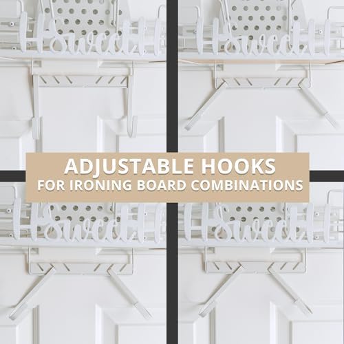 Farmhouse Ironing Board Hanger Wall Mount or Over the Door - Universal Laundry Room Ironing Board Holder Caddy with Iron Holder Shelf - Adjustable Hooks to Hold Ironing Boards Large & Small - White