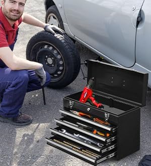 Metal Tool Box with 4 Drawers Portable Steel Tool Chest with Metal Cylinder Lock and Latch Closure, Liner, Powder Coating, Suitable for Garage, Warehouse and Outdoor Repair Job-Black