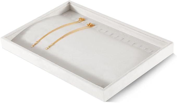Velvet Jewelry Display Tray For Bracelet Pendant Necklace, Multi-Slot Stackable Storage Tray For Long Chain Jewelries, Drawer Insert Jewelry Organizer (White)