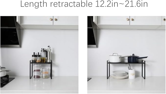 Expandable Cabinet Shelf Organizer Riser for Kitchen Pantry Cupboard Under Sink Countertop (black, 8.2’’D * 12.2-21.6’’W * 10.4’’H)