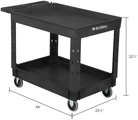 Global Industrial Industrial Service & Utility Cart, Plastic 2 Tray Black Shelf, 44” x 25-1/2”, 5" Rubber Casters