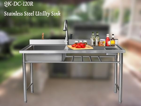 Qian Kun Free Standing 39.3 * 19.7 * 35.4 Left Single Bowl Outdoor Kitchen Sink (304 Stainless Steel, Pull Down Sprayer & Drain Pipe, Commercial Restaurant, NSF Certified)