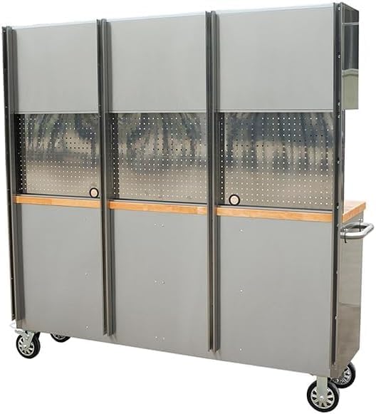 72 inch 11 Drawers Tool Chest with 3 Up Cabinet & Pegboard in Stainless Steel, Large Lockable Mobile Workbench with 6 Blue Storage Bins, Tool Box for Garage, Workshop (1 × HTC7214W1+ 1 × HTC7218W1)