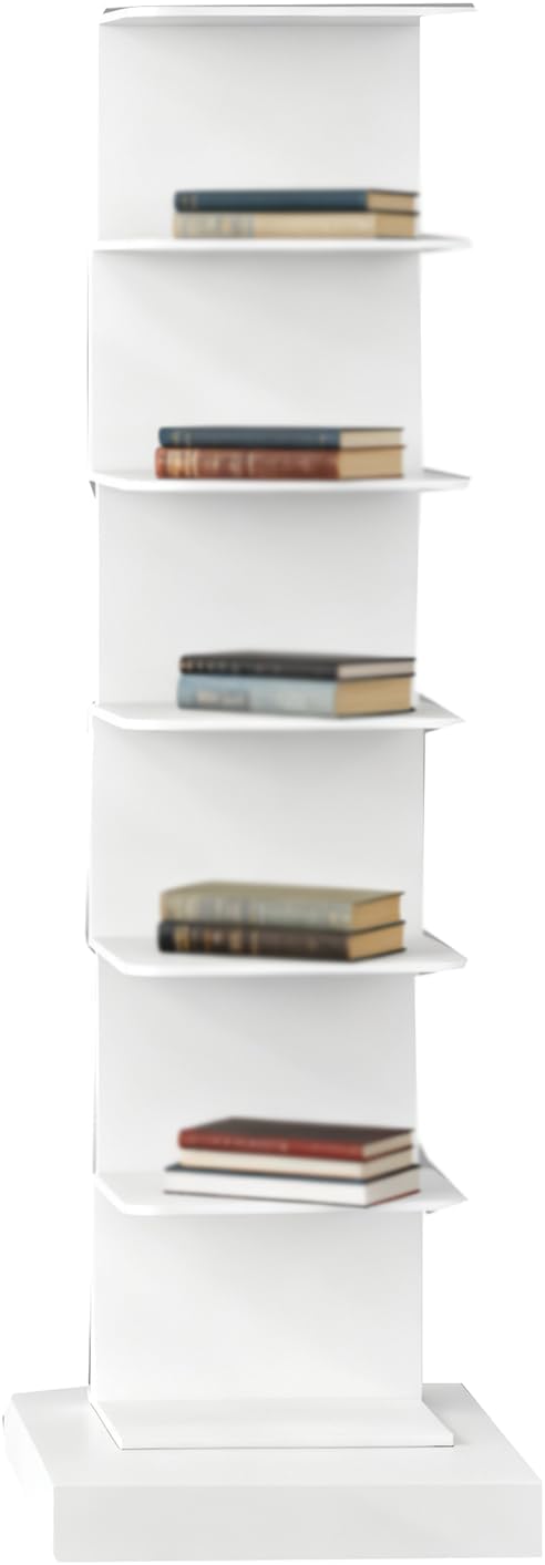 Invisible Vertical Spine Bookshelf Tower,Tall Narrow Metal Bookshelf for Small Space,Corner Floor Standing Book Organizers for Living Room, Office, Entryway(6 Tier, White)