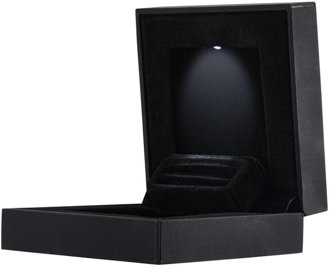 Allure - Slim Ring Box With LED Light, Square Shaped Elegant Flat Diamond Ring Case, Small, Black Velvet Interior Jewelry Display Gift Box For Unique Proposal, Engagement Or Wedding.