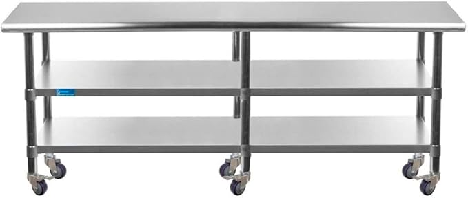 AmGood Stainless Steel Work Table with 2 Shelves and Casters | Metal Utility Table On Wheels (Stainless Steel, 84" Long x 24" Deep)