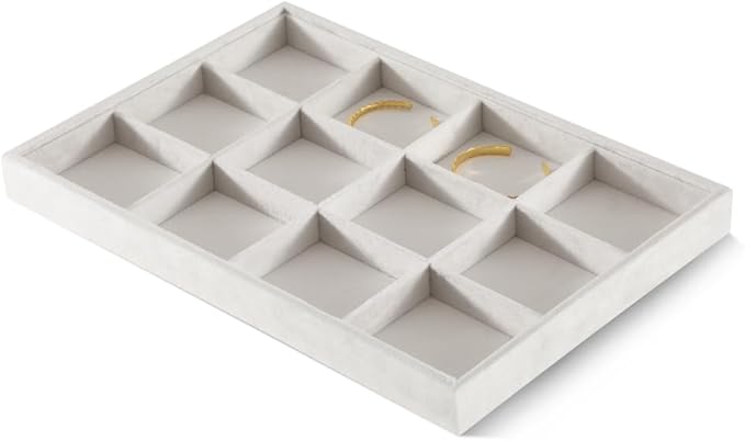 Velvet Stackable Jewelry Display Tray, 12 Grid Watch Bangle Bracelet Storage Tray, Makeup Drawer Insert Jewelry Shop Organizer Plate (White)