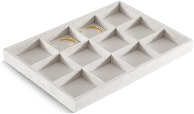 Velvet Stackable Jewelry Display Tray, 12 Grid Watch Bangle Bracelet Storage Tray, Makeup Drawer Insert Jewelry Shop Organizer Plate (White)