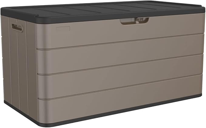 100 Gallon Plus Resin Deck Box, Waterproof Outdoor Storage Box for Patio Furniture, Garden Tools, and Pool Accessories, Lockable UV-Resistant Storage Bin Bench Cabinet for Outside, Brown