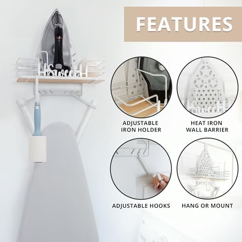 Farmhouse Ironing Board Hanger Wall Mount or Over the Door - Universal Laundry Room Ironing Board Holder Caddy with Iron Holder Shelf - Adjustable Hooks to Hold Ironing Boards Large & Small - White