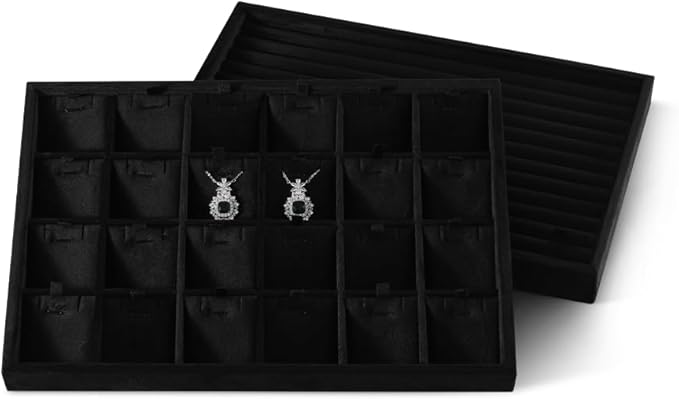 Velvet Necklace Display Tray, Stackable 24 Grid Insert Pendant Necklaces Storage Holder Plate, Jewelry Retail Countertop Organizer (Black)