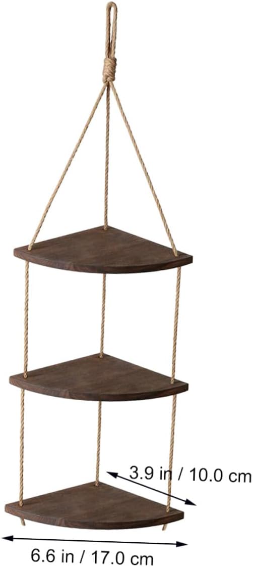 Vintage Fan-Shaped Wall Corner Hanging Shelf with Thick Rope Space-Saving Storage Rack for Plants Crafts Photos Rustic Brown Decorative Organizer for Bedroom Living Office