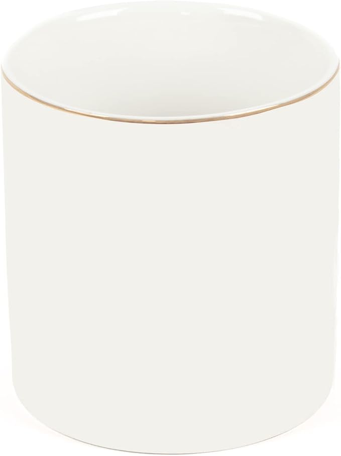 HANKOR Ceramic Pencil Holder for Desk - Cute Gold Trim Pen Aesthetic Makeup Brush Cup Holder Organizer for Desktop Storage Stationery Office Home Supplies, White