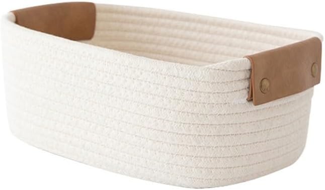 Portable Woven Cotton Rope Storage Bin with Leather Handles Desktop Storage Box Bedroom Storage Container for Toy and Small Items Storage Solution(White S)