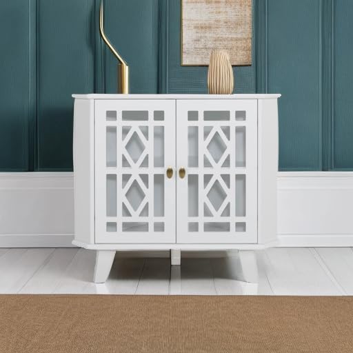 Scurrty 32'' Corner Shelf Stand, Small Corner Table Sideboard Cabinet with 2 Doors and 2-Tier Shelves, Free-Standing Storage Organizer for Living Room, Dining Room & Bathroom (White)