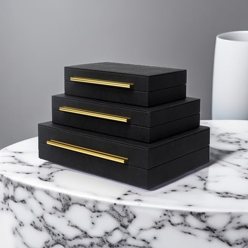 Faux Shagreen Leather Jewelry Storage Boxes Set of 3 with Gold Handles, Velvet Lined Stackable Organizer for Women, Vanity, Dresser, Gift, Black