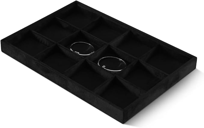 Velvet Stackable Jewelry Display Tray, 12 Grid Watch Bangle Bracelet Storage Tray, Makeup Drawer Insert Jewelry Shop Organizer Plate (Black)