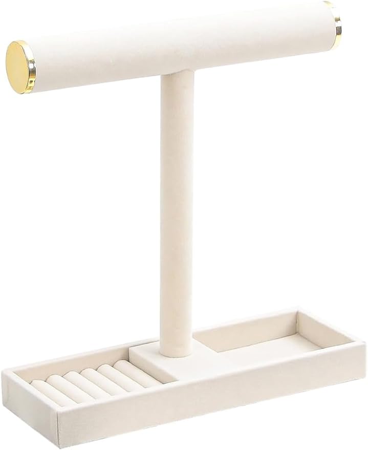 Multi-Use Jewelry Holder Stand, Necklace Bracelet Ring Organizer Stand, Scrunchie Watches Velvet Jewelry Holder Stand With Tray for Women Girls Home Use(Beige with Lid)