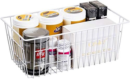 Freezer Wire Storage Organizer Bin Baskets with Handles, Metal Wire Baskets Storage for Organizing Fridge, Closets, Pantry, Kitchen, Garage, Bathroom, White - 4 Pack