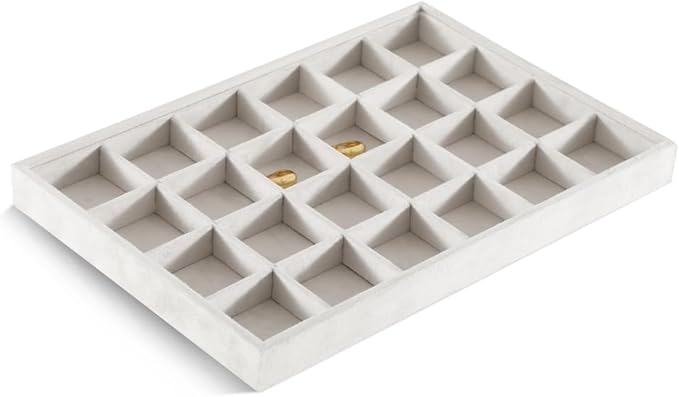 Velvet Stackable Jewelry Display Tray, 24 Grid Earring Ring Storage Tray, Drawer Divider Jewelry Accessories Organizer Plate (White)