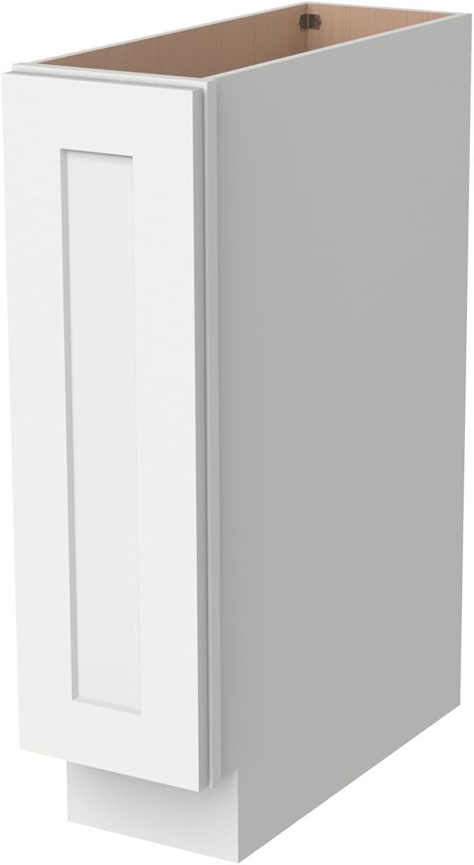 Solid Wood RTA Tray Base Cabinet with Full Height Door & Adjustable Shelf – Shaker Style Kitchen Storage Organizer, Durable Plywood Construction, Easy Assembly 9”W x 24”D x 34.5”H (Origami White)