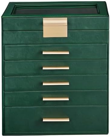 SONGMICS Jewelry Box Organizer with Glass Lid, 6-Layer Jewelry Storage, with 5 Drawers, Modern Style, Christmas Gift, 6.4 x 9.9 x 11.4 Inches, Forest Green and Gold Color UJBC171C01