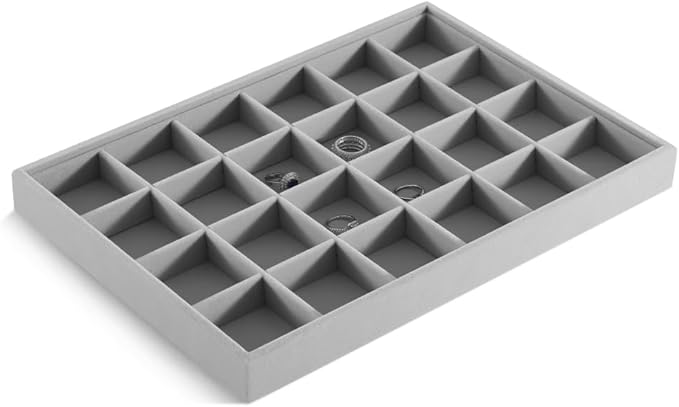 Velvet Stackable Jewelry Display Tray, 24 Grid Earring Ring Storage Tray, Drawer Divider Jewelry Accessories Organizer Plate (Gray)